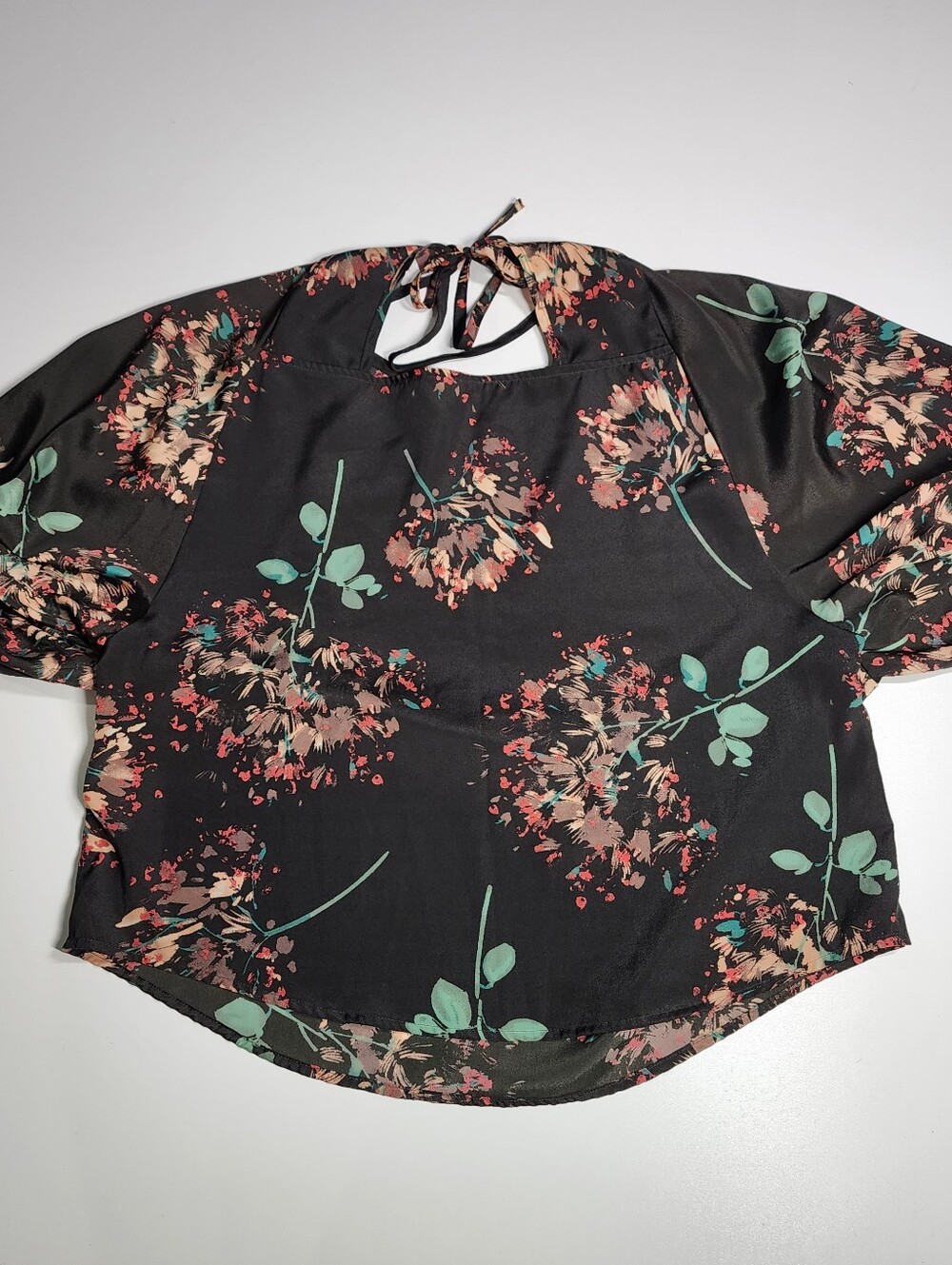Black Floral Cottagecore Boho Blouse Puff Sleeve Tie Back Top L